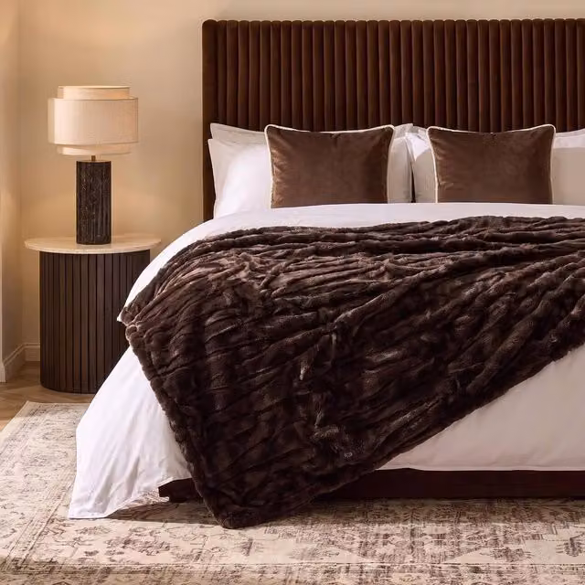 OHS Brown Faux Fur Fleece Throw Supersoft Thermal Blanket, W: 120 cm, L: 150 cm – 1