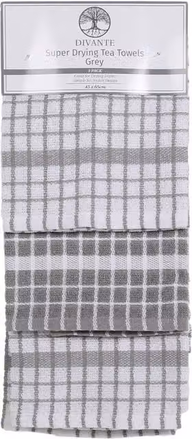 Divante Pack of 3 Highly Absorbent Grey Cotton Tea Towels