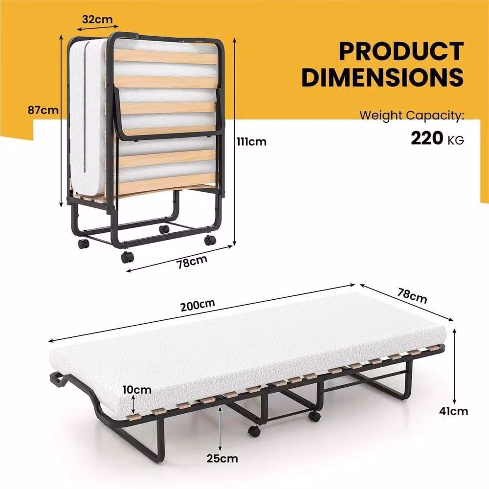 KORVIXA Black Foldable Adult Roll Away Guest Bed with Metal Frame and Foam Mattress, W/D/H: 90 x 200 cm – 1