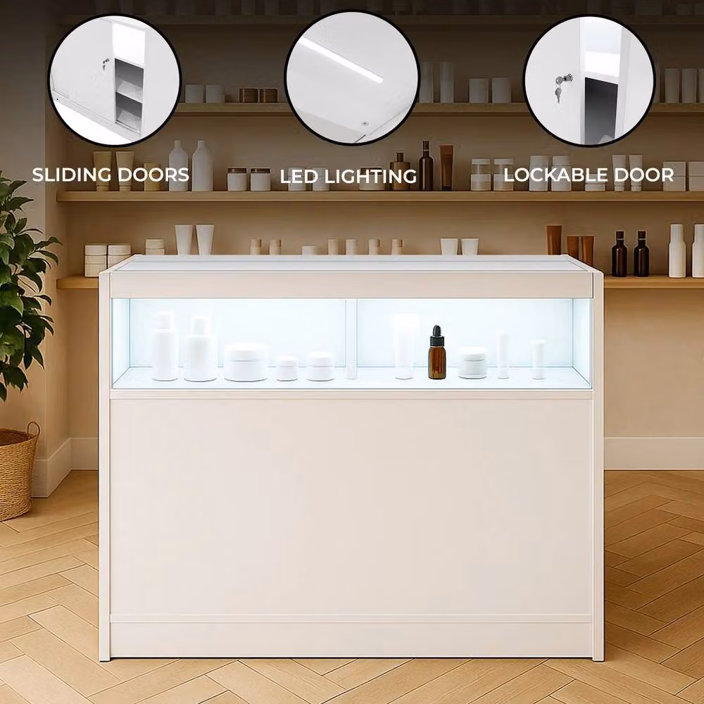 Monstershop B1200 LED Retail Shop Counter in White with Glass Sliding Doors and Integrated Lighting – 2