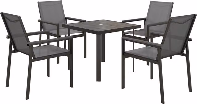 Outsunny 5 Piece Garden Dining Set in Grey with Glass Top Square Table and 4 Armchairs with Breathable Mesh Fabric Seats – 1