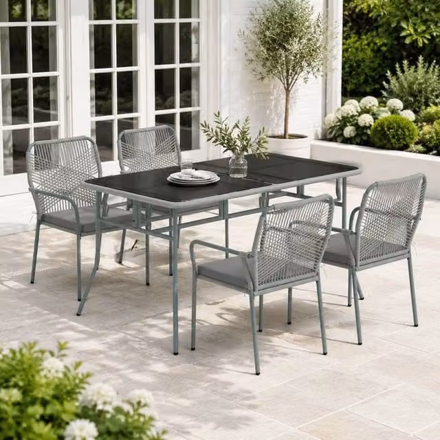 STILVORA Modern Garden Dining Set with Rectangular Glass Table and Stackable Grey Chairs