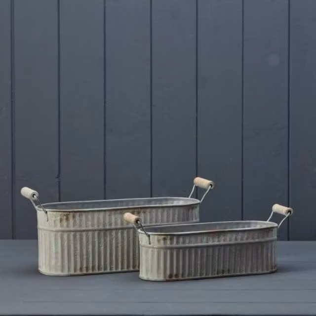 KDMD Set of Two Grey Rustic Oval Metal Troughs