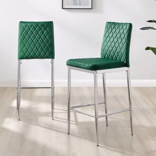 FurnitureboxUK Set of 2 Modern Milan Velvet Bar Stools in Green with Silver Metal Legs