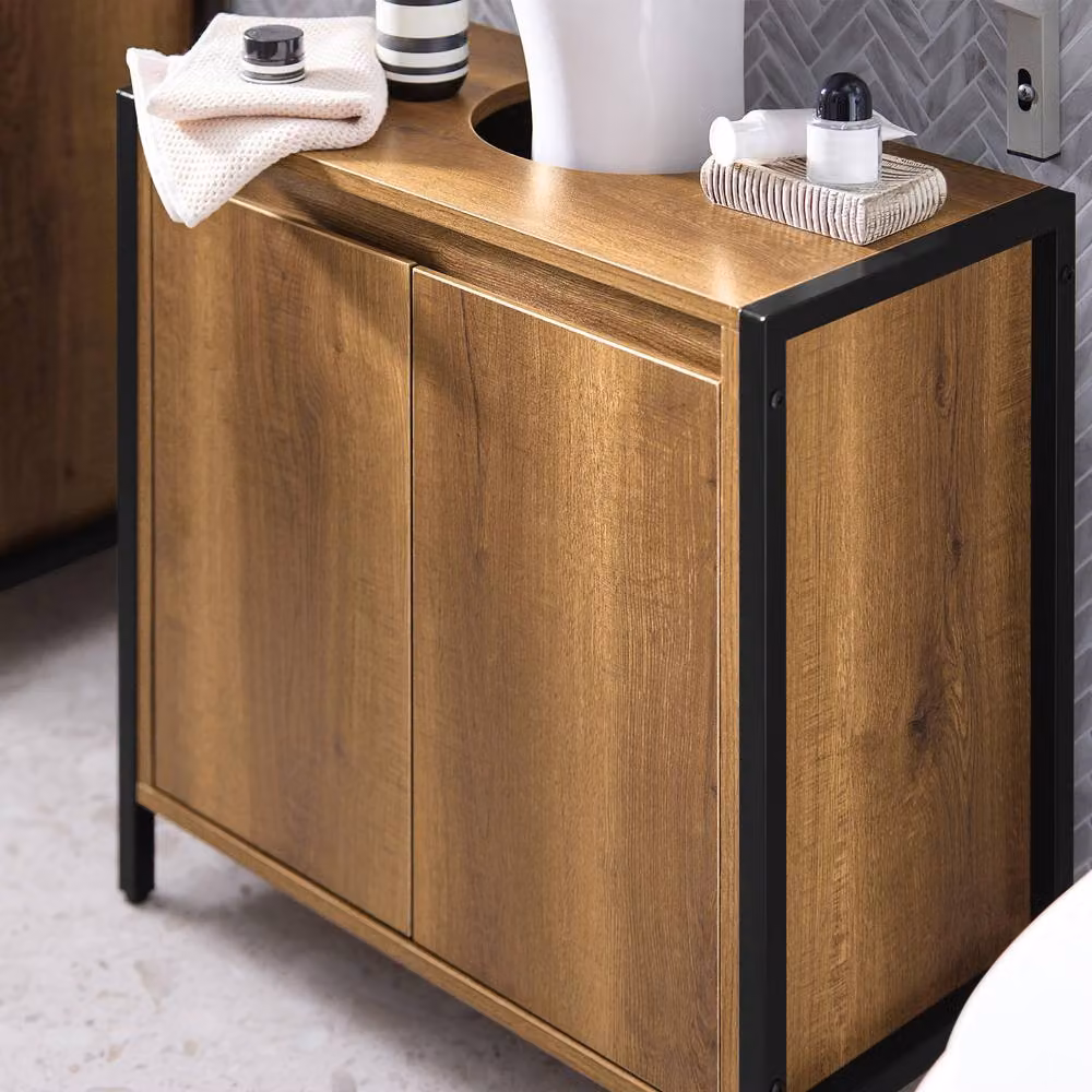 SoBuy Industrial Under Sink Cabinet in Brown and Black with Hinged Doors and Internal Shelves, W: 60 cm, H: 60 cm, D: 60 cm – 3