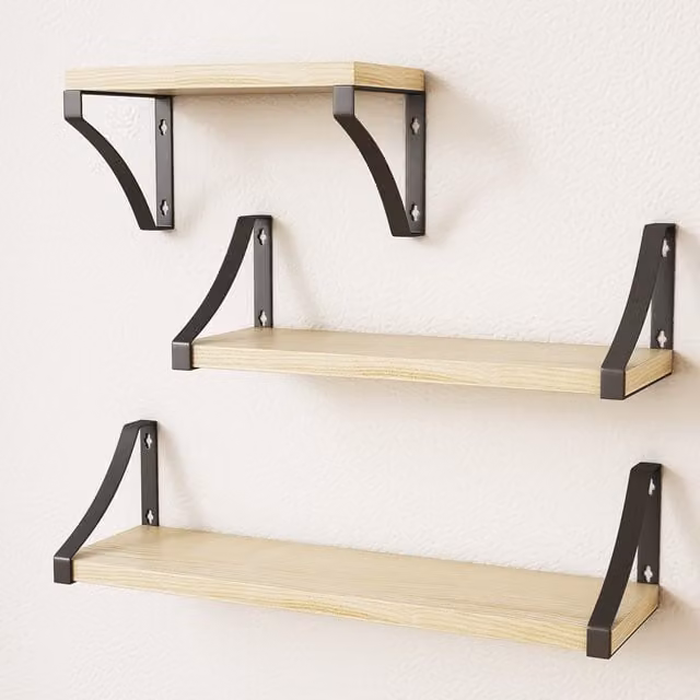 Home Treats Set of 3 Brown Pine Wood Floating Wall Mounted Shelves