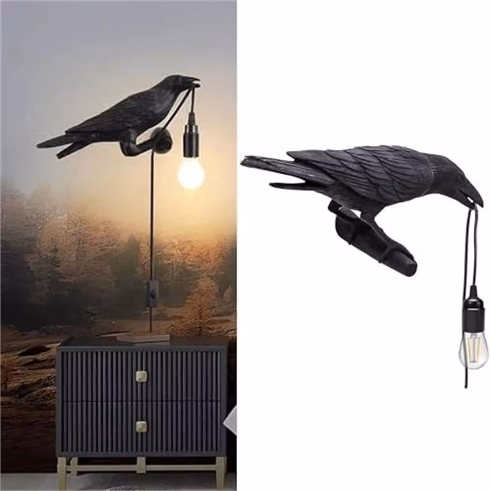 VOGREX Modern Black Crow Resin LED Wall Light with E27 Fitting – 6