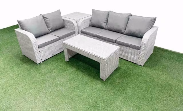 Fimous 5 Seater Grey PE Rattan Wicker Garden Furniture Set with Oblong Coffee Table, 3 Seater Sofa, Love Seat and Side Table