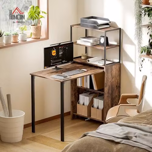 HOMCOM Folding Computer Desk with 4-Tier Bookshelf in Brown and Black, W/D/H: 127 x 60 x 105 cm – 2