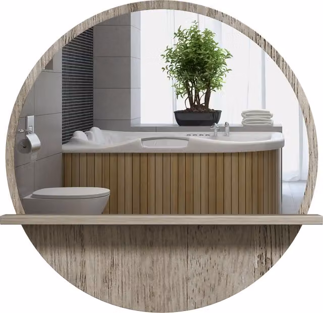 Kleankin Round Wall Mirror with Shelf, Grey Wood-Effect, Diameter: 45 cm