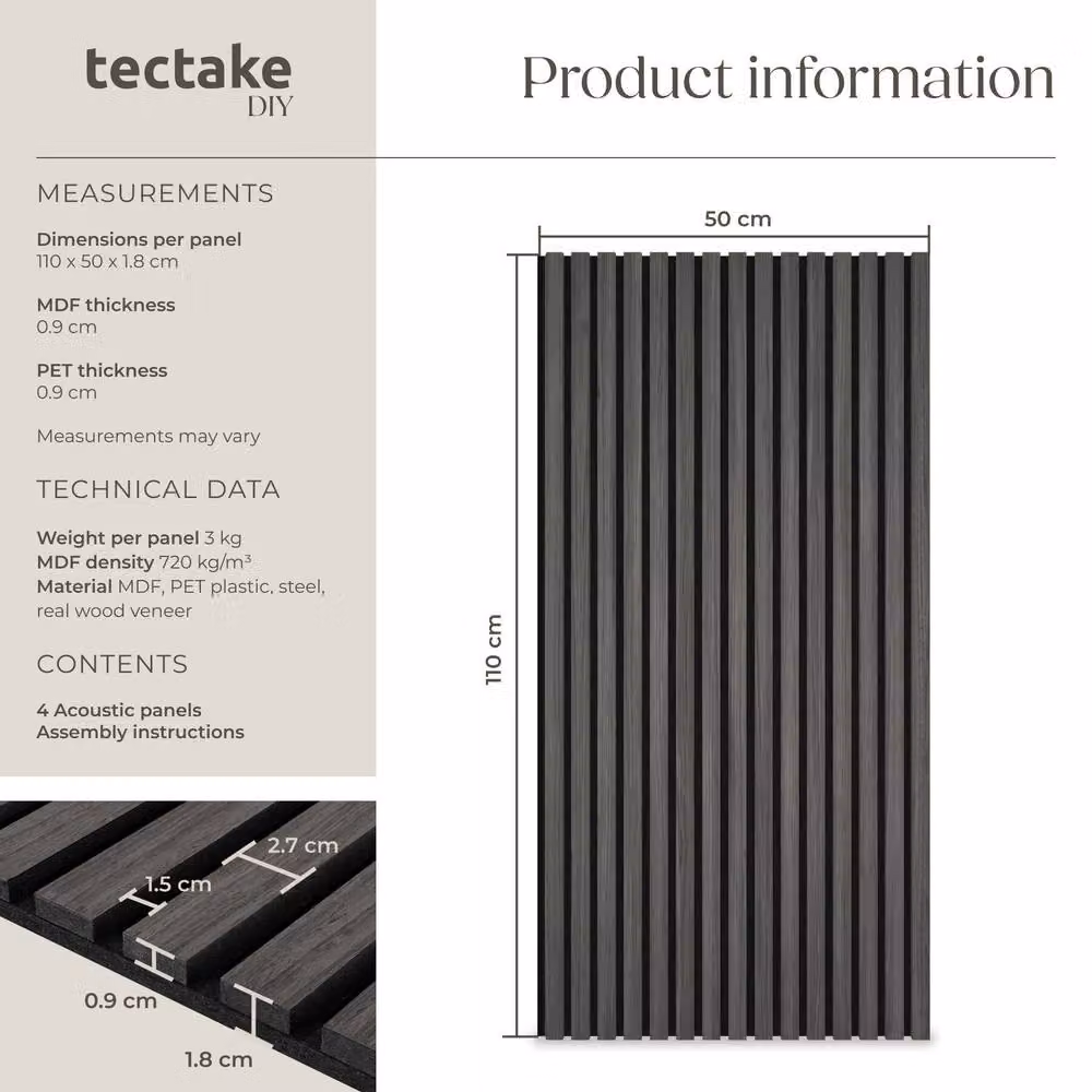 tectake Acoustic Wood Look Wall Panels in Black – 6