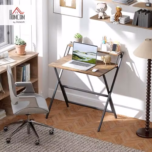 HOMCOM Folding Computer Desk with Monitor Shelf in Rustic Brown – 2
