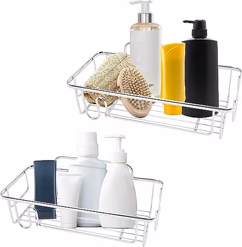 MantraRaj Silver Stainless Steel Flat Wall Shower Caddy Pack of 2 with Suction Cups and Drainage