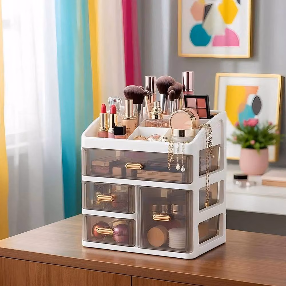 FORGEVIO Stackable Large Makeup and Cosmetic Organiser in White and Transparent Acrylic Plastic, Width: 50 cm – 3