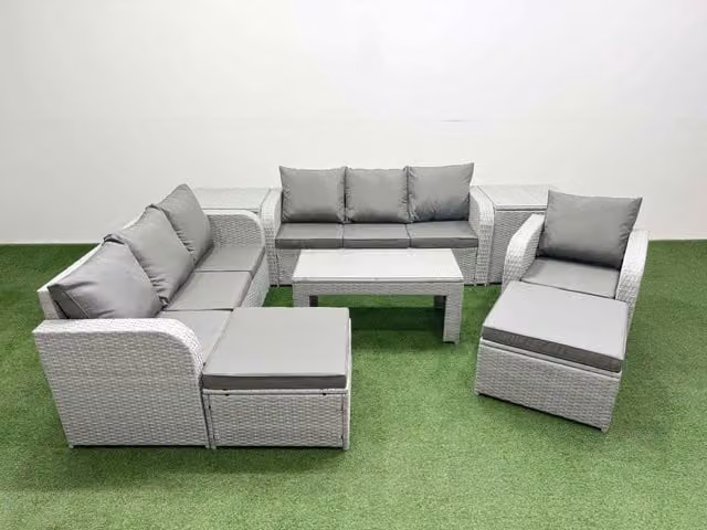 Fimous 9 Seater Poly Rattan Garden Furniture Set in Grey with Oblong Coffee Table, 3 Seater Sofas, Reclining Chairs and 2 Footstools