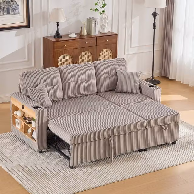 Rolipo Corduroy Sofa Bed with Storage and Pull-Out Guest Bed, featuring USB-C Charging and LED Lighting, Light Grey – 1