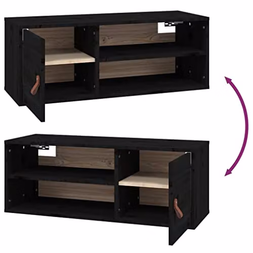 vidaXL Modern Black Lacquered Pine Wall Cabinet with Hinged Doors and Internal Shelves, W: 80 cm, D: 30 cm, H: 30 cm – 4