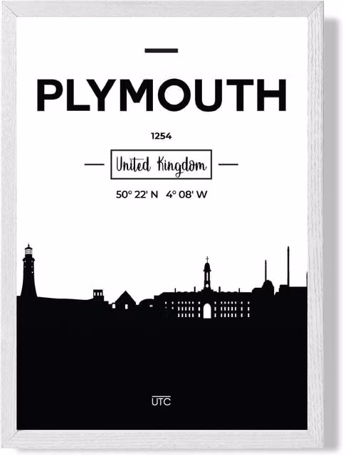 ARTZE Plymouth Black and White City Skyline Framed Print with White Frame