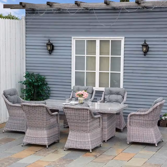 Outsunny 7 Piece Grey PE Rattan Wicker Dining Table Set with Tempered Glass and Powder Coated Aluminium Frame