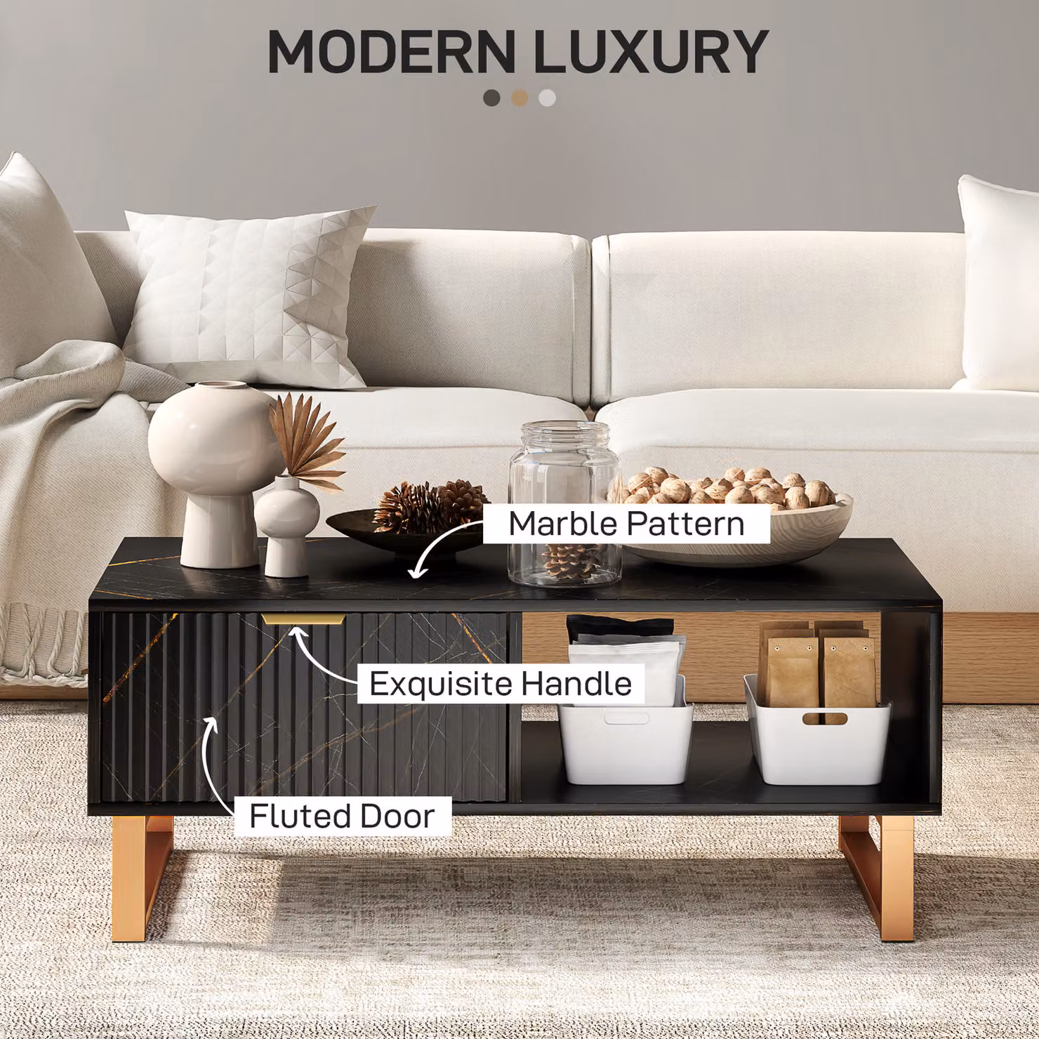 HOMCOM Elegant Marble Effect Storage Coffee Table in Black and Gold – 4