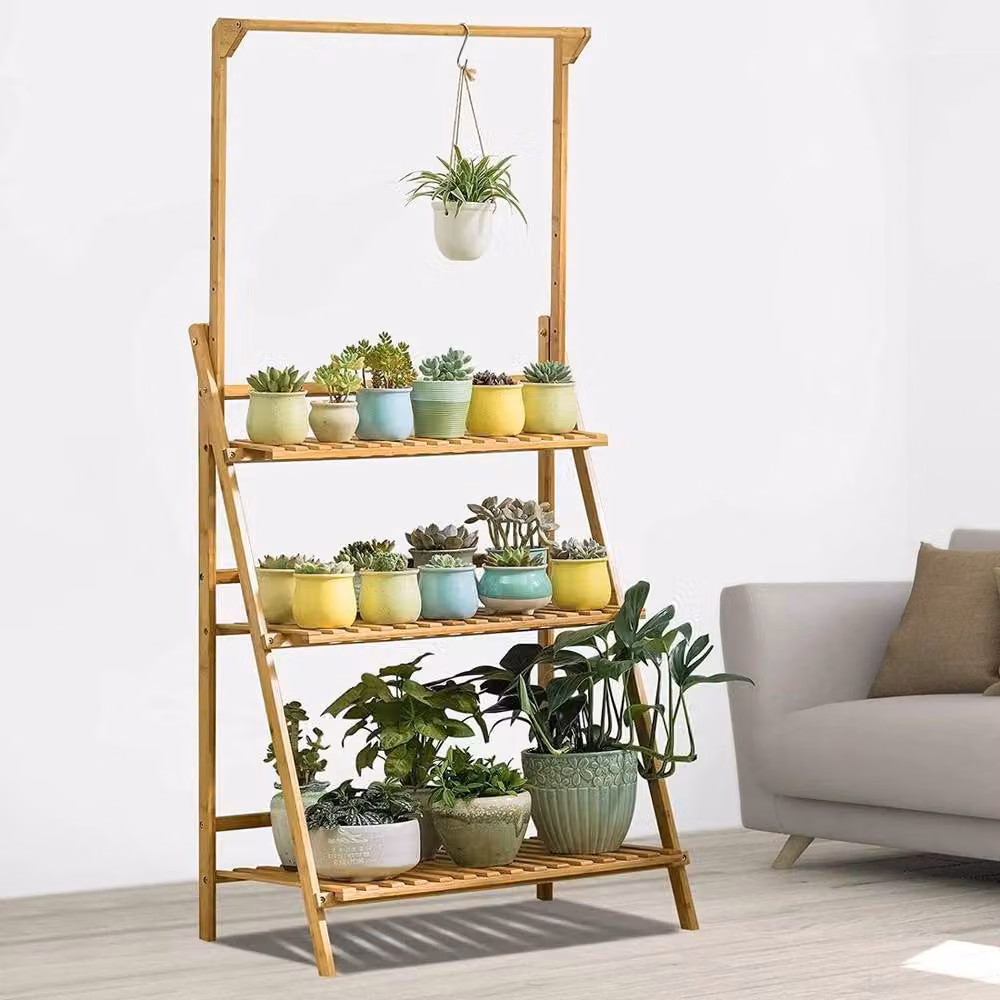FLAVORA 3 Tier Bamboo Hanging Plant Stand in Natural Brown, W/D/H: 70 x 40 x 96 cm – 5