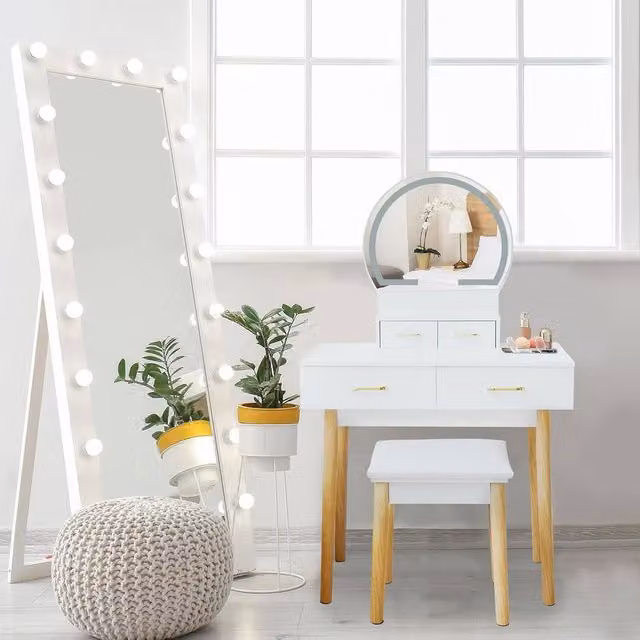 Alivio Hollywood Dressing Table Set with LED Lights and Cushioned Stool in White