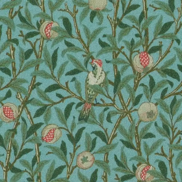 William Morris Birds & Pomegranate Outdoor Floral Polyester Fabric in Duckegg Blue and Green