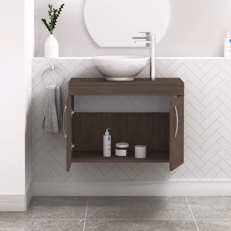 Royal Bathrooms Turin 800mm Wall Hung 2 Door Vanity Unit in Grey Elm with Countertop Basin