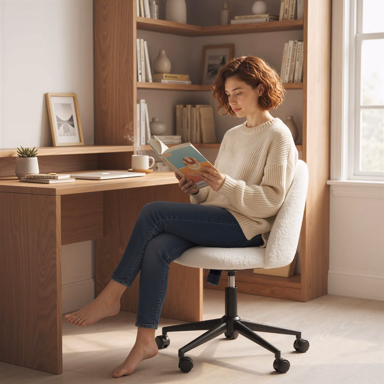HOMCOM Modern Bouclé Task Chair with Castors and Weight Adjustment, White – 4