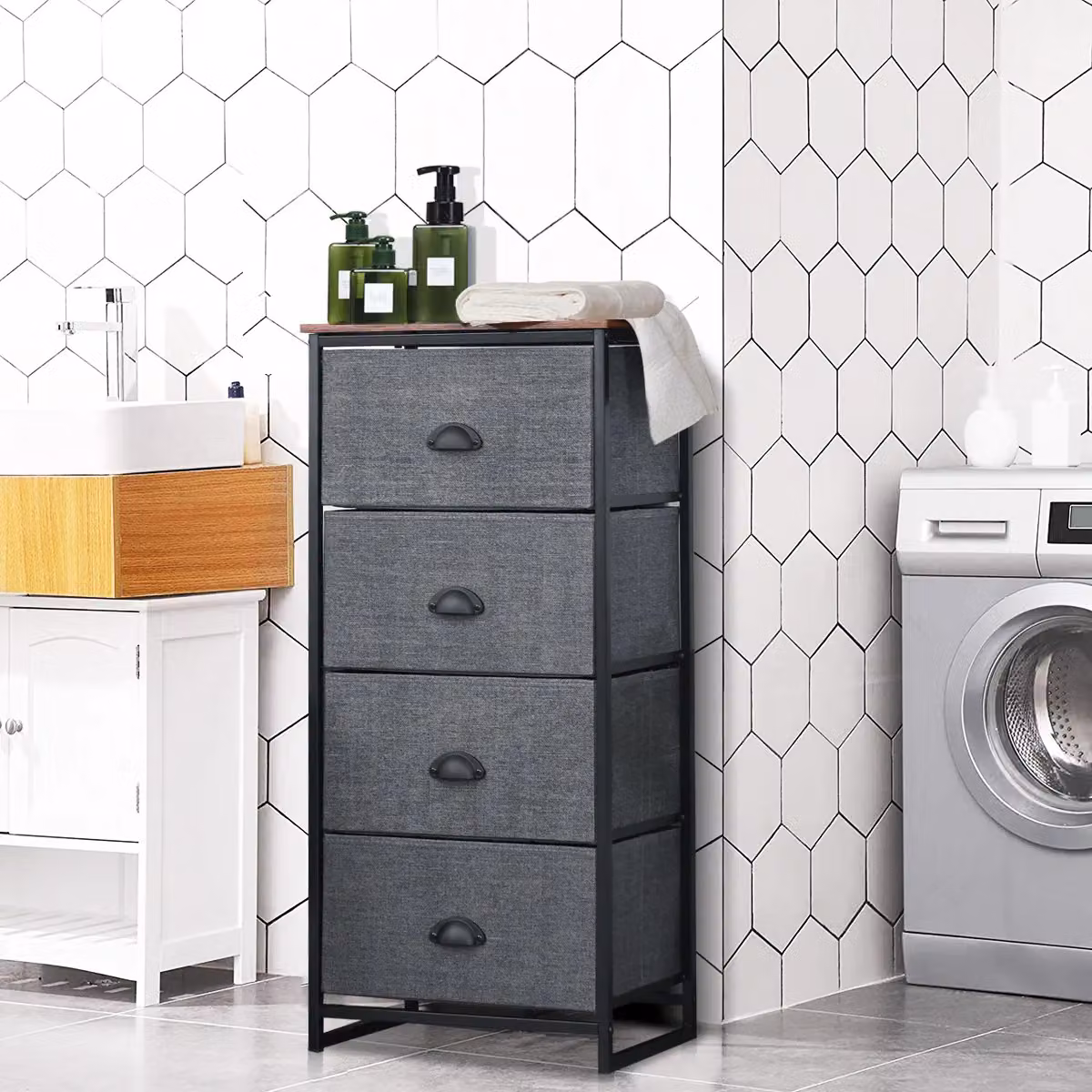 Costway 4-Drawer Fabric Dresser with Metal Frame, Grey Multicolour Chest of Drawers and Nightstand – 3