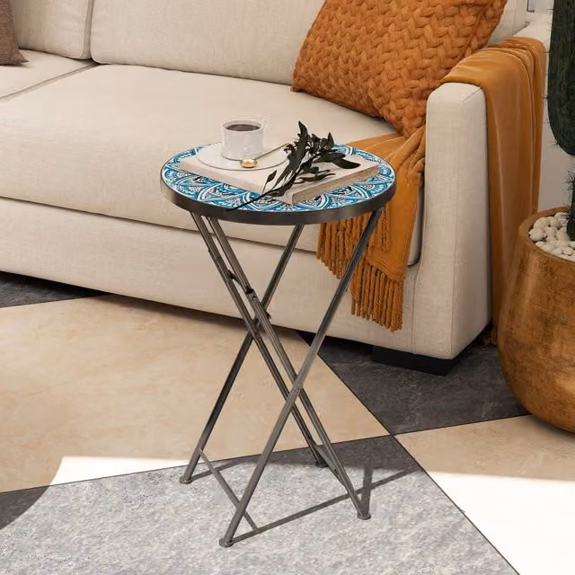 Outsunny Blue Round Folding Mosaic Garden Table with Geometric Mediterranean Design