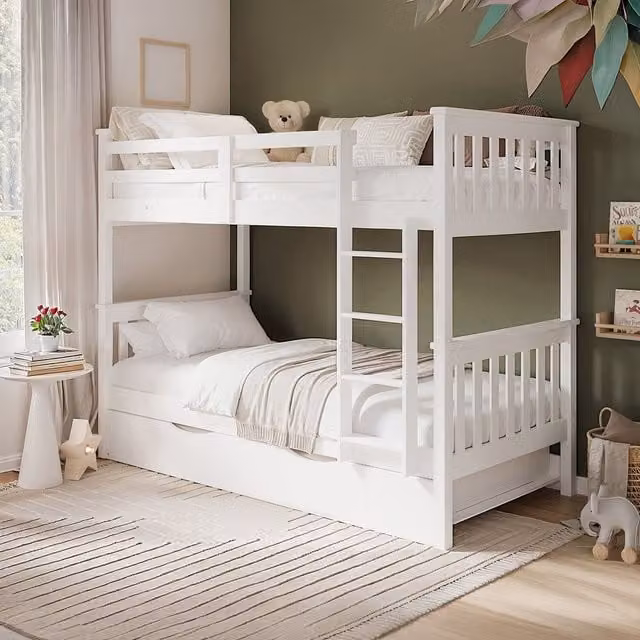 Flair Deimo Modern Low Bunk Bed with Stairs and Drawers in White