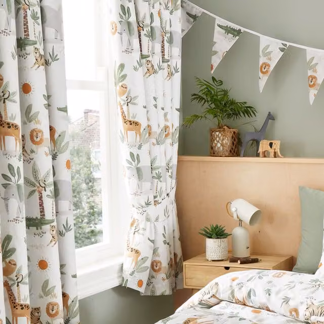 Happy Linen Company Jungle Safari Animals Thermal Blackout Pencil Pleat Curtain Set in Ivory, Width: 167 cm, Drop: 183 cm