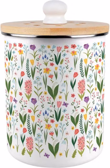 Purely Home Spring Flowers Metal Food Waste Caddy with Flip Lid, 2L, Green and Multicolour