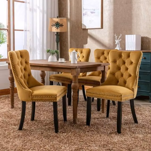 Modern Home Touch Romsey Set of 4 Yellow Velvet Upholstered Dining Chairs with Oak Legs and Knocker Ring Back – 1