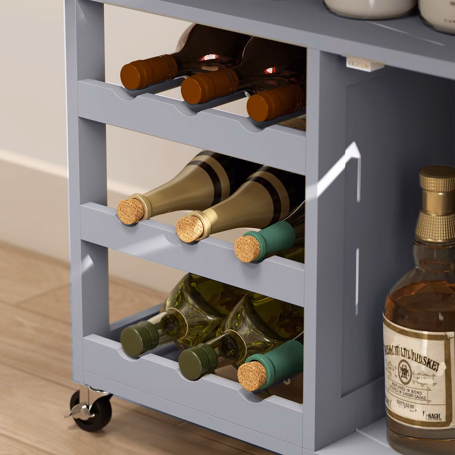 HOMCOM Modern Kitchen Trolley with Drawer, 9-Bottle Wine Rack and Cabinets, Grey and White Rubberwood Storage Island – 7
