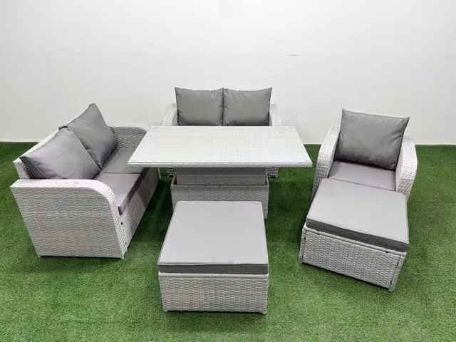 Fimous Grey Poly Rattan Garden Furniture Set with High Back Reclining Chair, 2-Seater Sofa, and Adjustable Coffee Table