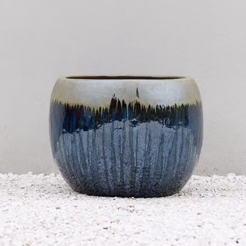 Primrose Glazed Round Clay Outdoor Planter in Blue, Gold and Green, Diameter: 40 cm