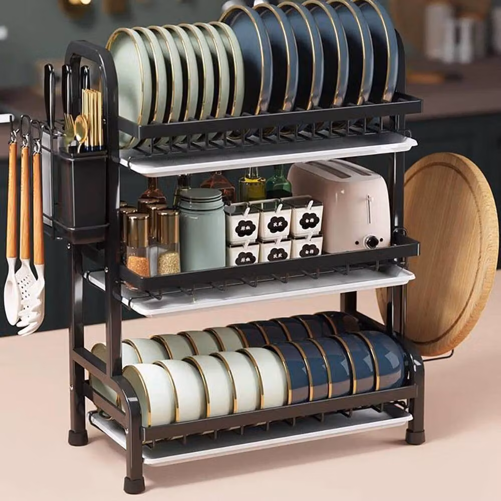 KORVIXA 3 Tier Dish Drainer Rack with Cutlery Holder and Drip Tray in Black Coated Steel – 4