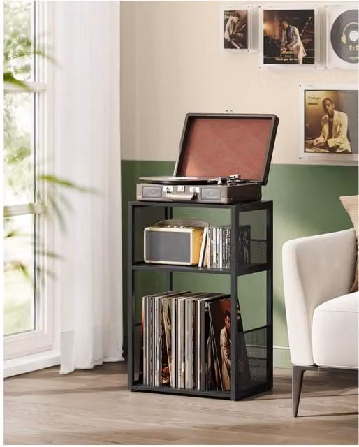 VASAGLE Record Player Stand with Vinyl Storage in Black and Brown, W/D/H: 69 x 43 x 30 cm