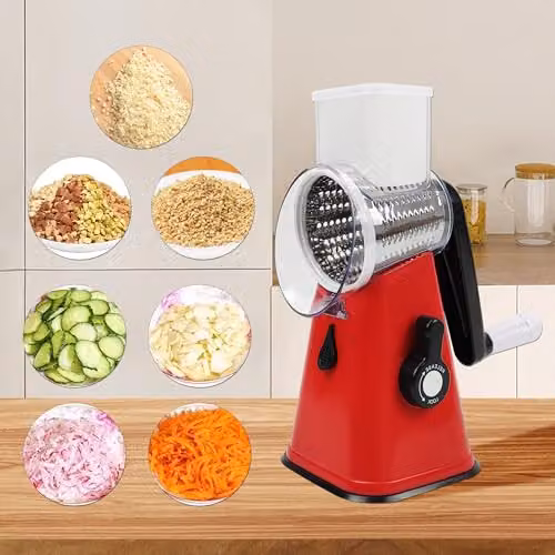 AMOS Rotary Multifunction Cheese Grater and Vegetable Slicer with Three Stainless Steel Drum Blades, Red – 2