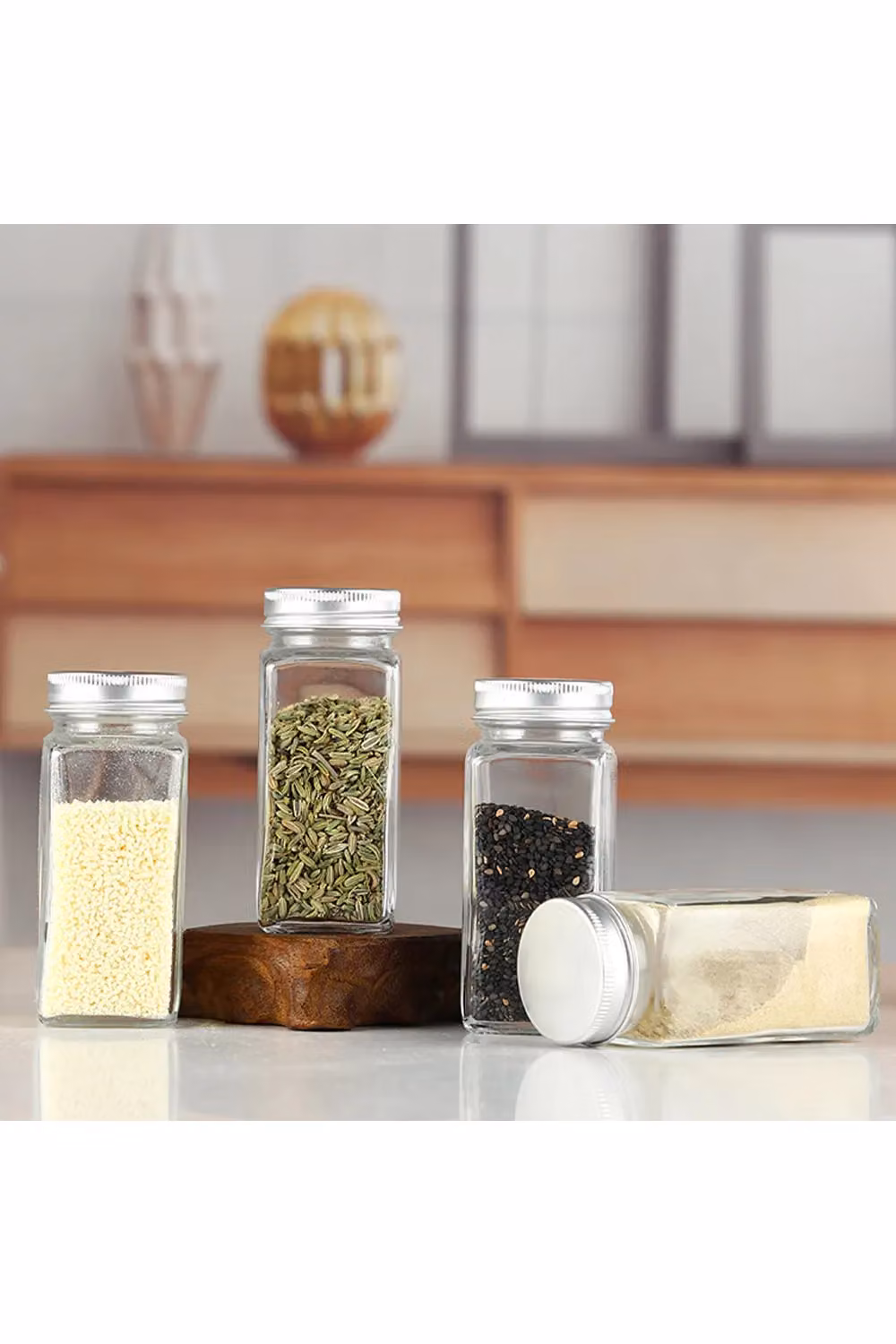 Living and Home Wall-mounted Spice Racks and 12 Glass Spice Jars Set, Silver and Transparent, 120 ml per jar – 1