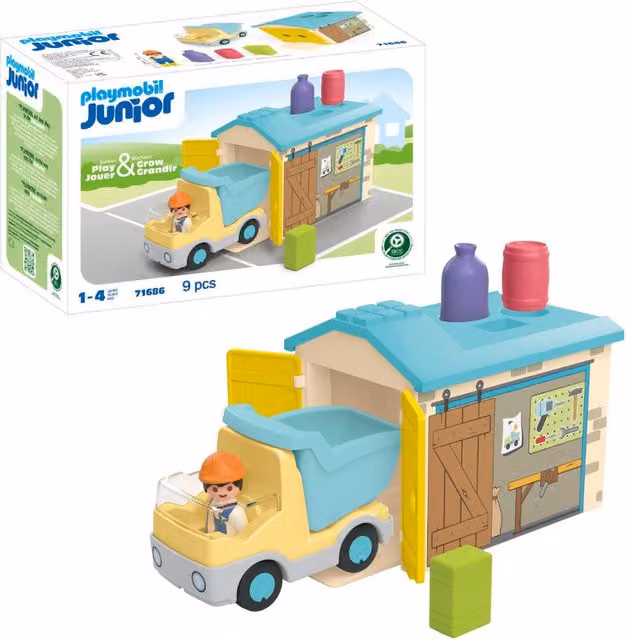 Playmobil Junior Construction Truck with Garage Playset in Yellow and Multicolour