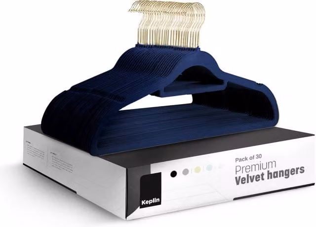 Keplin Non-Slip Velvet Flocked Clothes Hangers with Tie Bar, Blue, 20 Pack