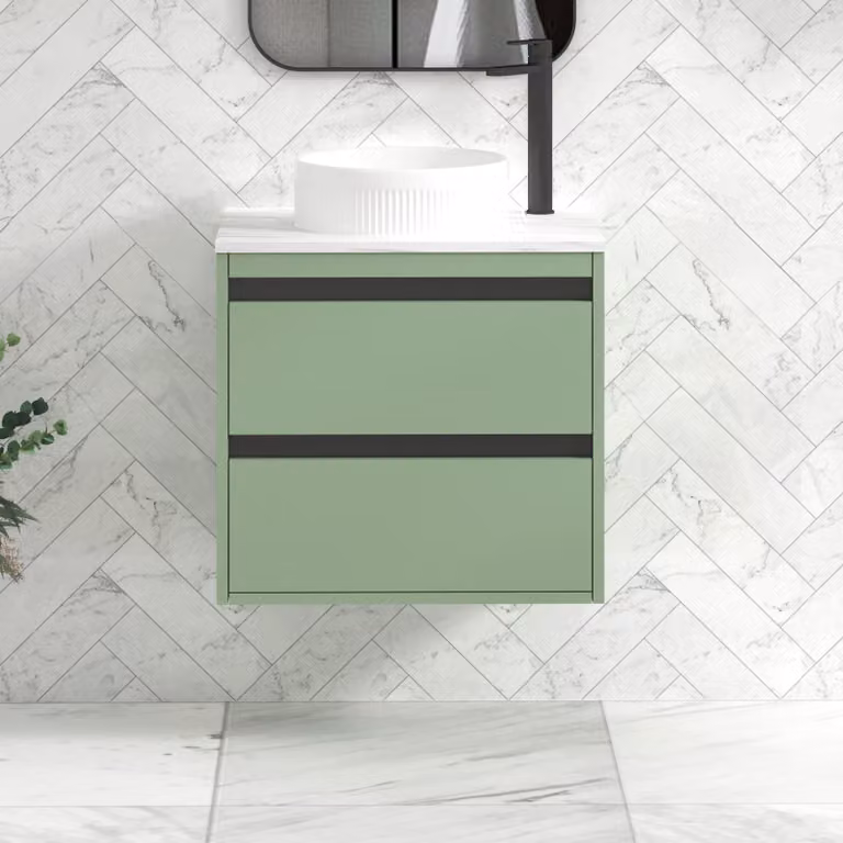 Royal Bathrooms Orion 800mm Wall Hung Mint Sage Vanity Unit with 2 Drawers, Round Basin and Black Accent Trim