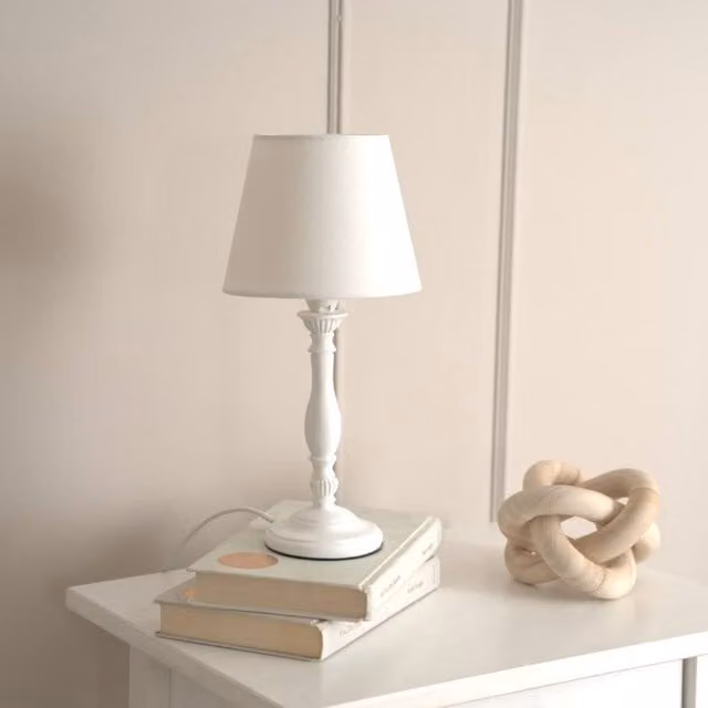 ValueLights White Wood Candlestick Table Lamp with Tapered Fabric Shade and LED Bulb – 1