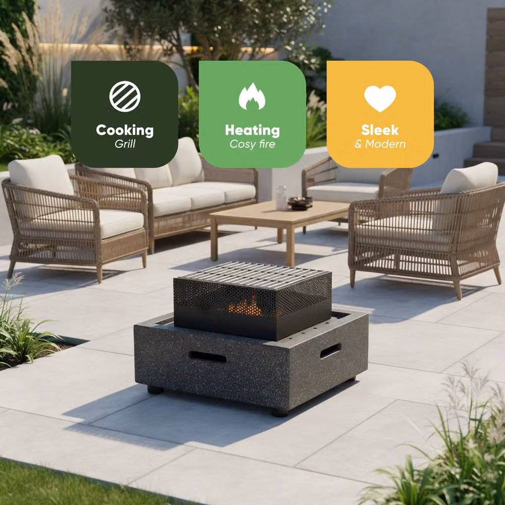 Gardenwize MGO Square Outdoor Fire Pit BBQ and Charcoal Grill Tabletop in Grey, W: 52.5 cm, D: 52.5 cm, H: 35.2 cm – 3