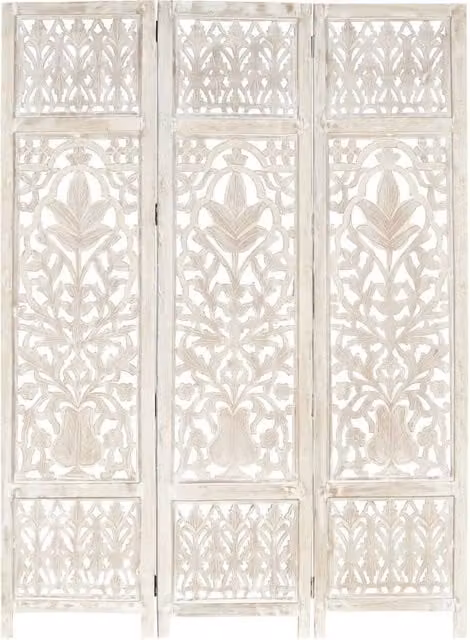 Berkfield Home Hand Carved 3-Panel Floral Room Divider in White Solid Mango Wood W/H: 120 x 165 cm