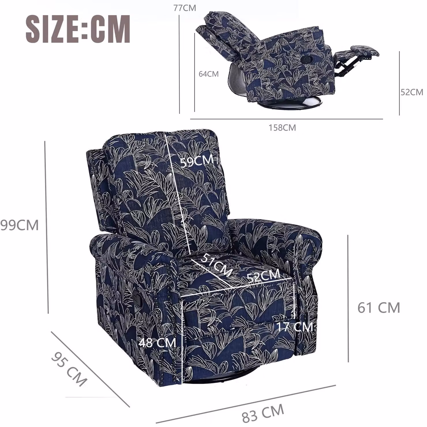 FURNITURE ONE Navy Blue Fabric Recliner Armchair with 360 Degree Swivel and Adjustable Backrest and Footrest – 2