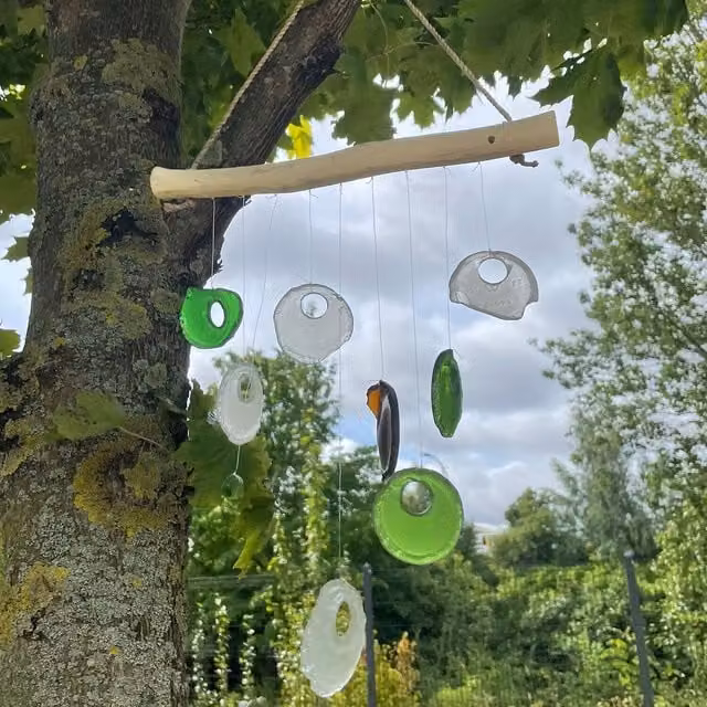 KDMK Hanging Geometric Bottle Bottoms Chime in Multicolour Glass and Wood